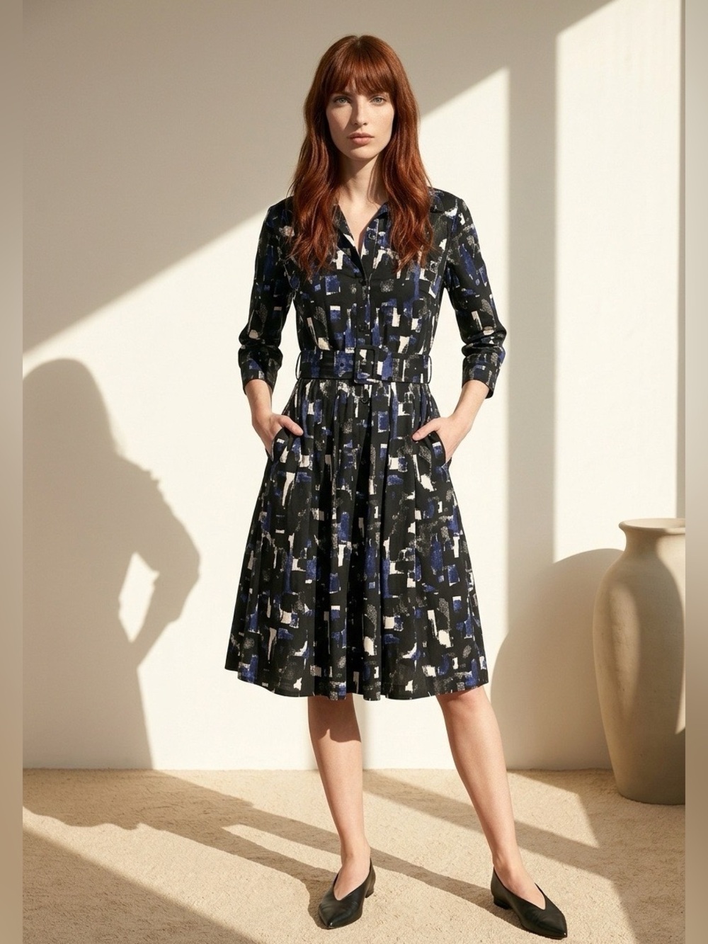 Samantha Sung Vintage Brown and Blue Abstract Dress, Size 10
